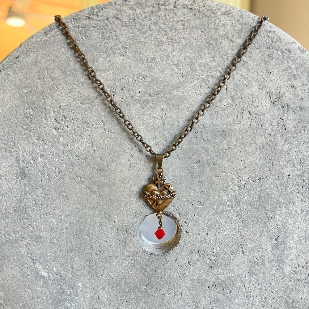Heart & Dagger grunge Necklace, metal rusty copper look,crystal blood drop